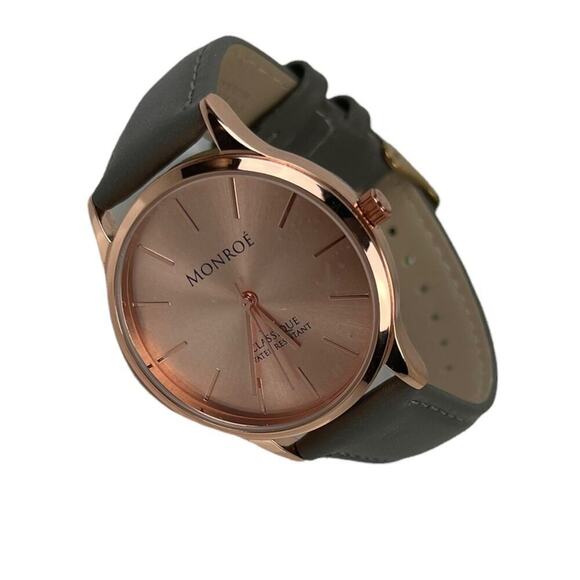 NWOT MONROE SOLÉROSE WATCH CHARCOAL LEATHER ROSE GOLD - Picture 2 of 16